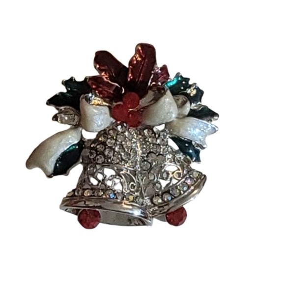 Vintage Avon Silver Tone Christmas Bells Enamel Red Rhinestone Brooch Pin 1980s - Picture 2 of 5